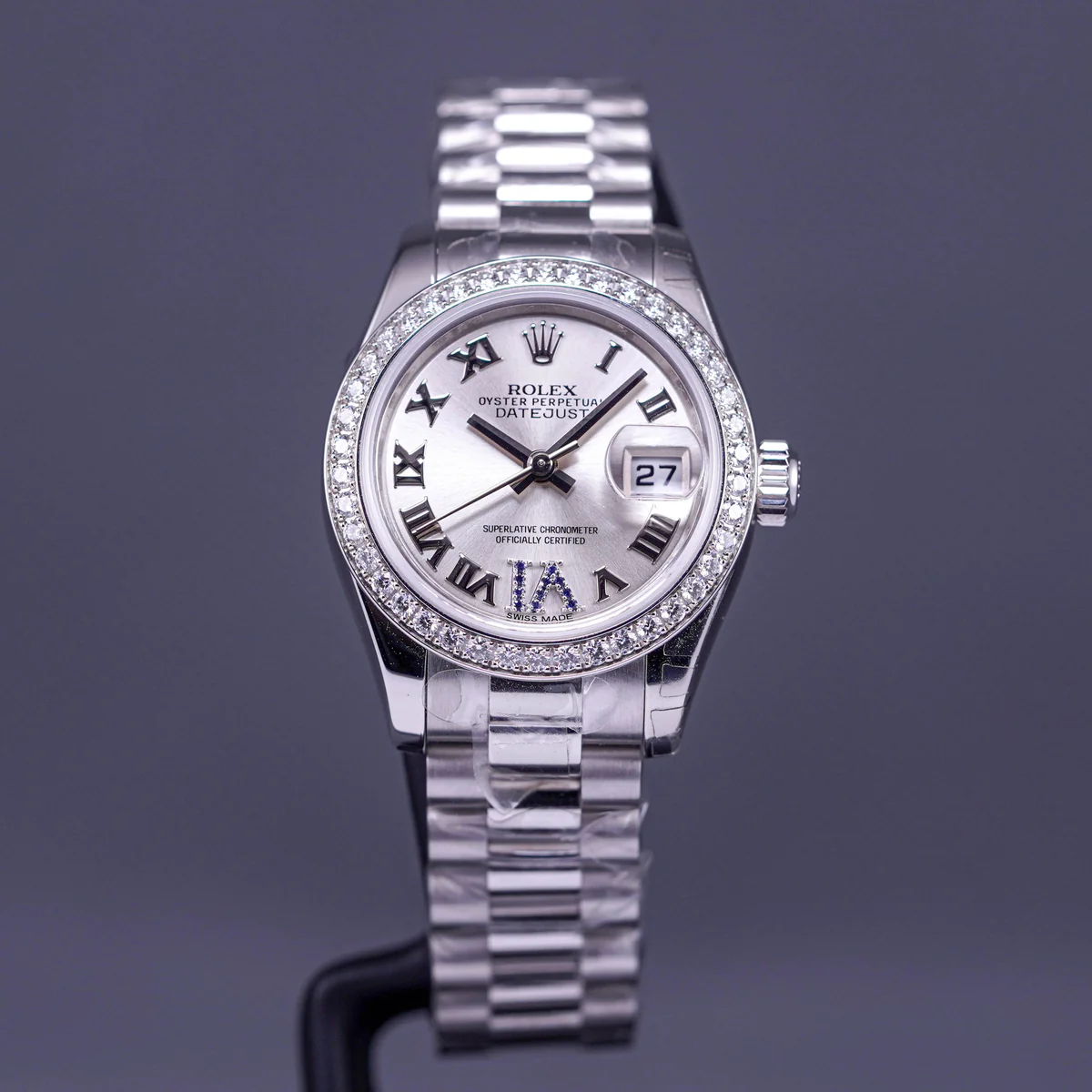 Datejust 26mm Platinum Diamond Ring Silver Roman Dial with Sapphire on 6