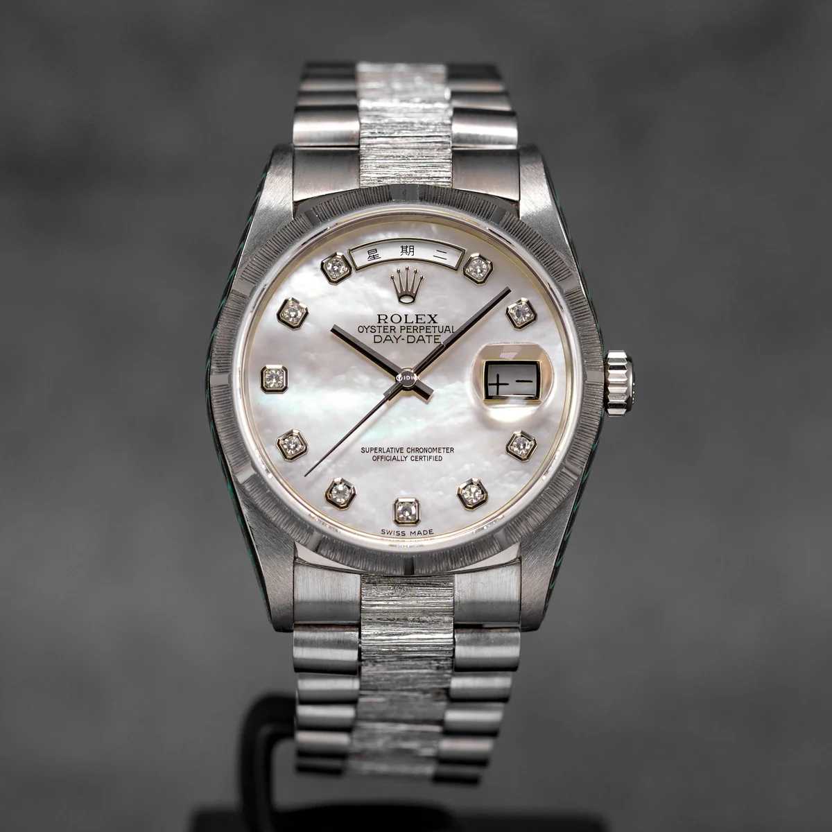 Day-Date 36mm Japanese White Gold Bark Finish MOP Diamond Dial