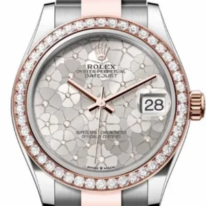 Rolex Everose Rolesor Datejust 31 Watch – Diamond Bezel – Silver Floral Motif Diamond Dial – Oyster Bracelet – Super Clone